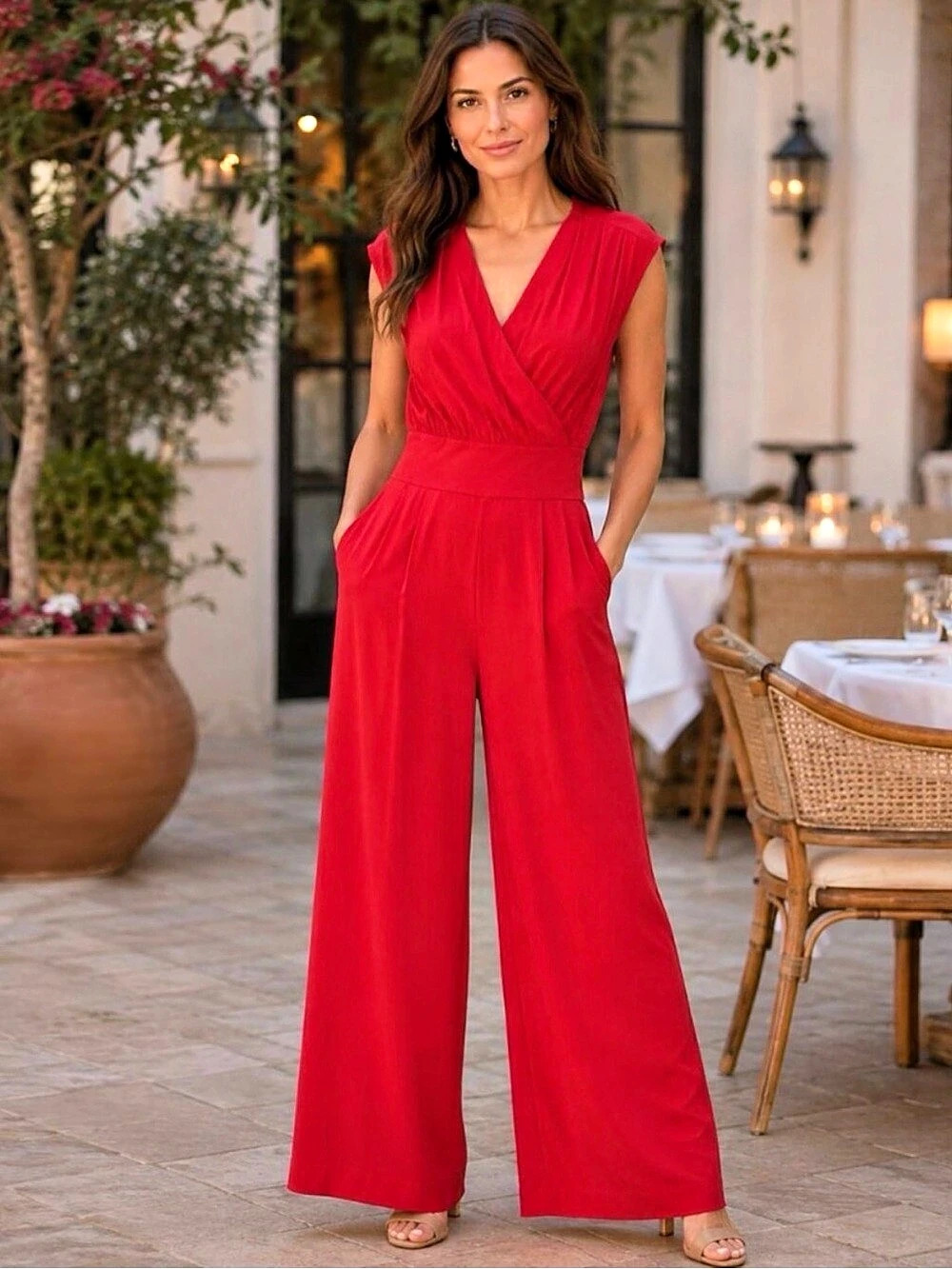 Cabi uptown Red Wide-Leg Jumpsuit Size Medium Like New